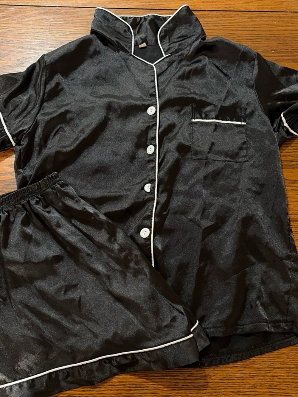 Black Satin Pajama Set with White Piping